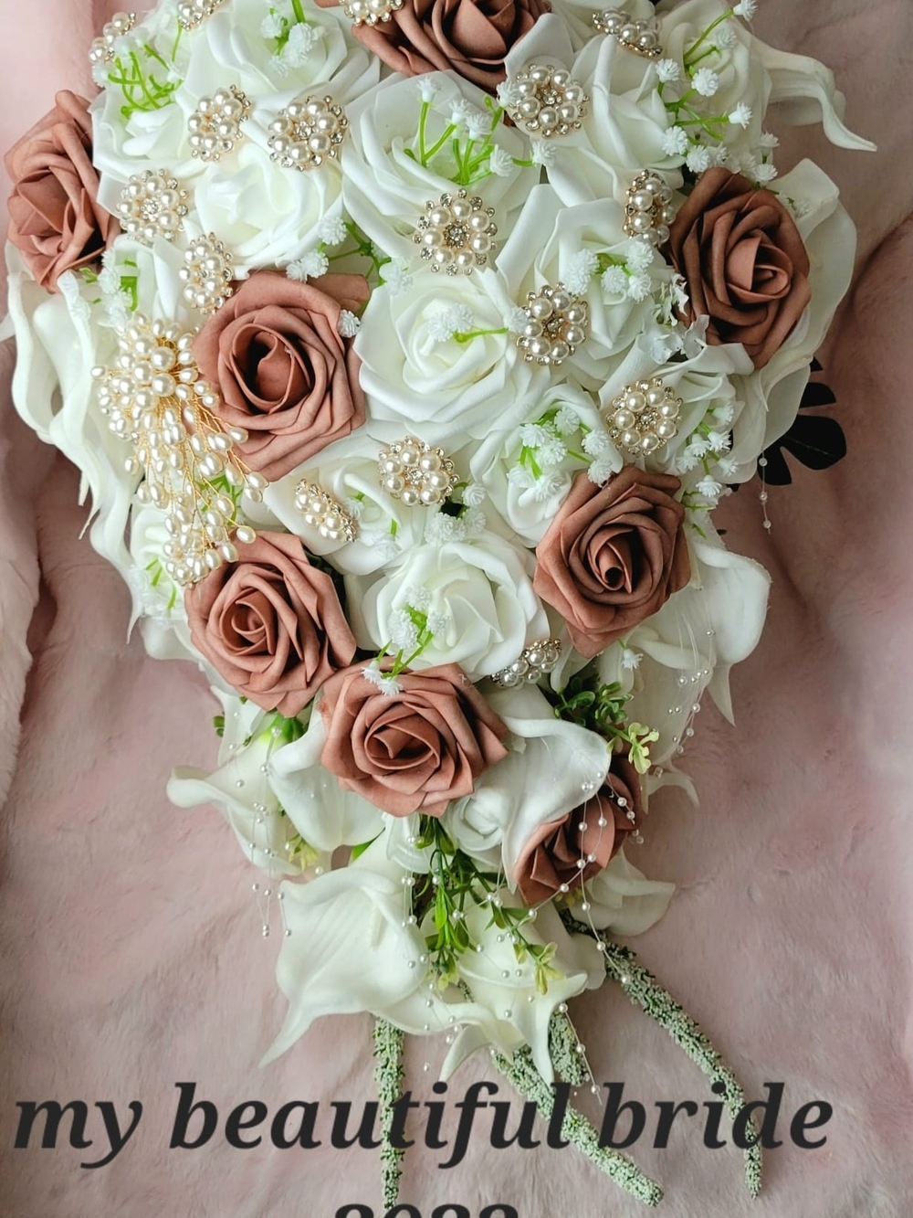 Elegant Teardrop Bridal Bouquet in White and Blush Taupe